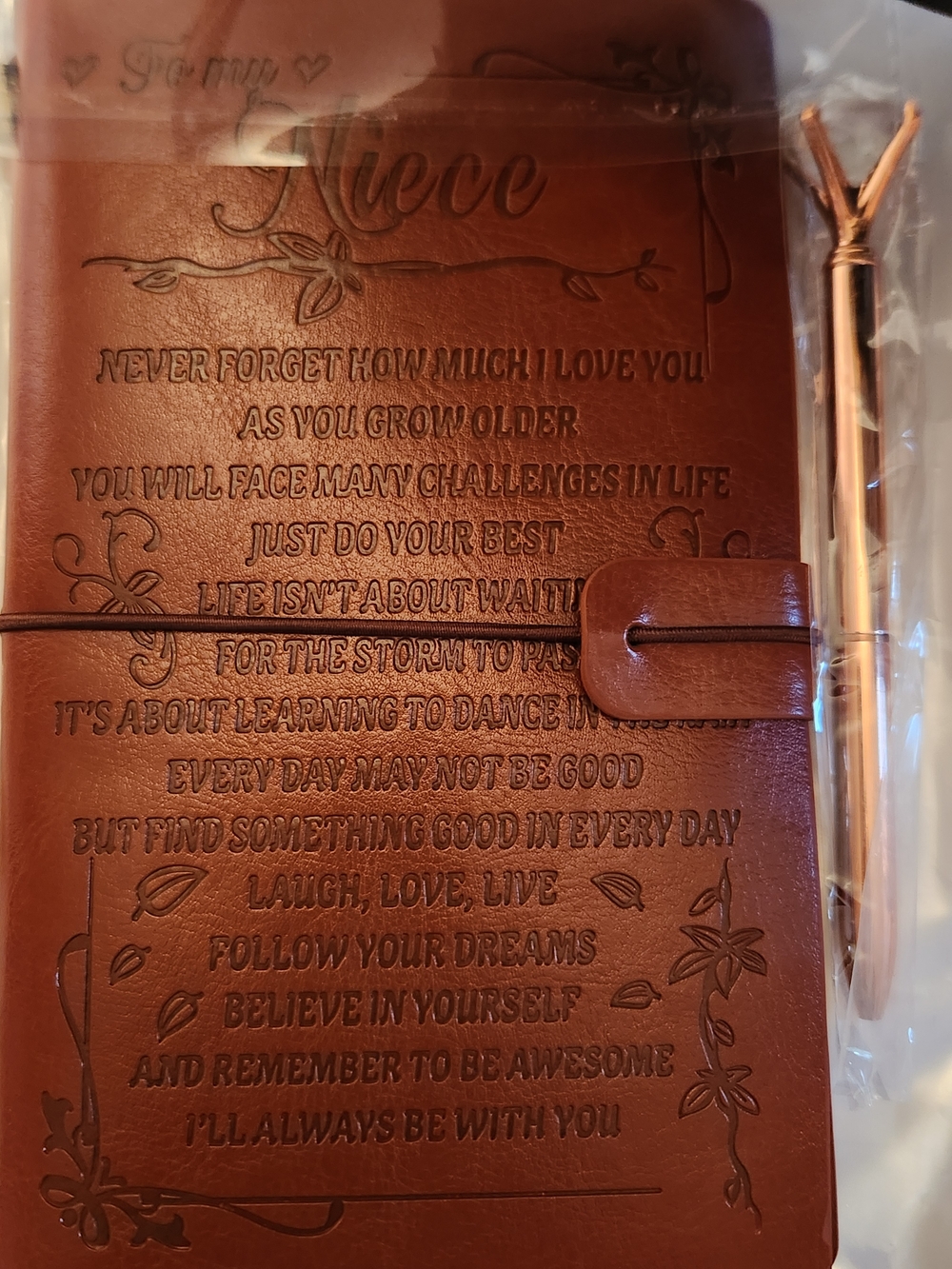 Niece Embossed Brown Leather Journal with Rose Gold Pen
